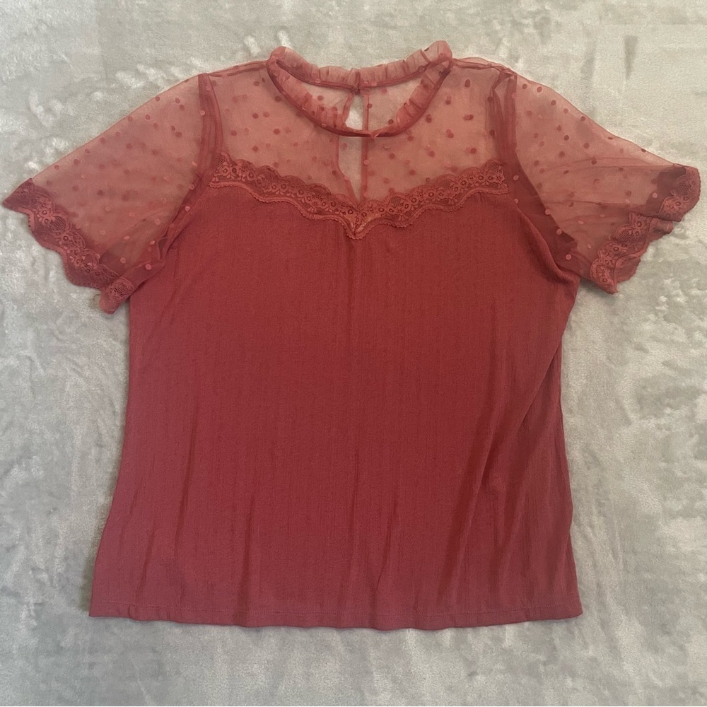 Perch by Blu Pepper Sheer Swiss Dot Lace Trim Blouse Mauve Pink Size 2XL